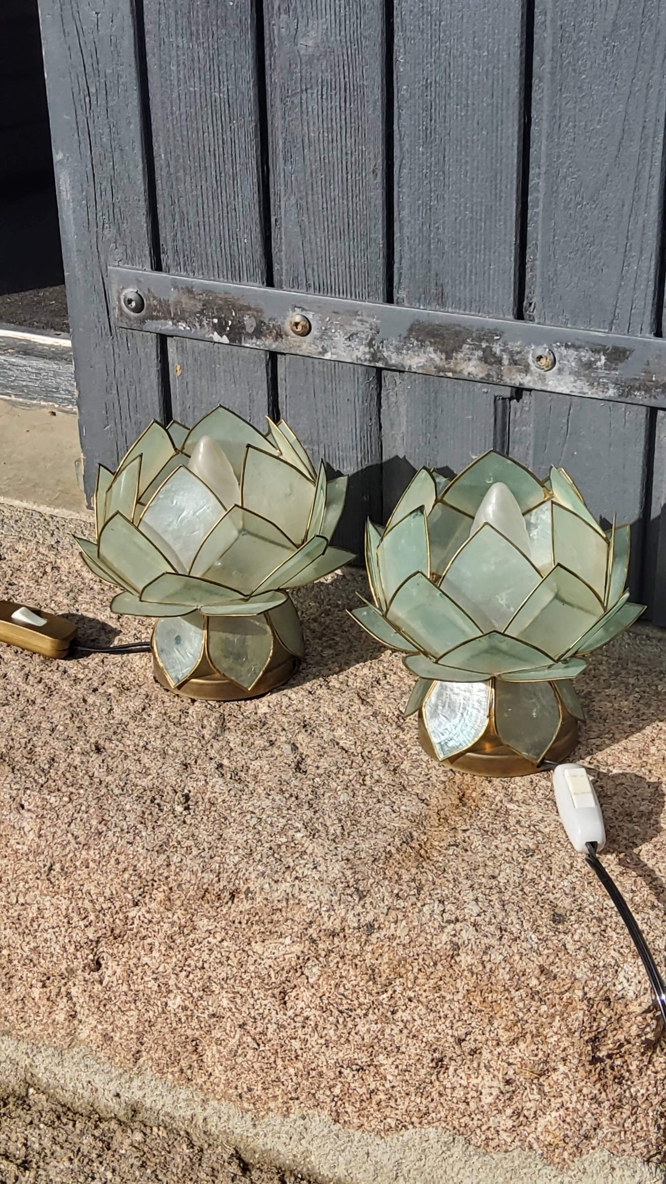 Pair of designer table lamps in turquoise blue green capiz mother-of-pearl from the 70s