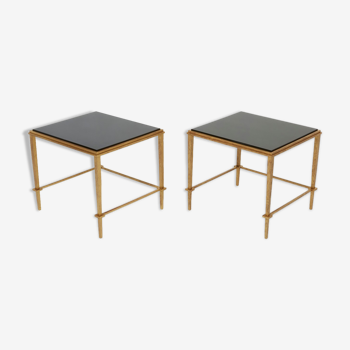 Paire tables d’appoint fer doré laque noire Maison Ramsay 1950