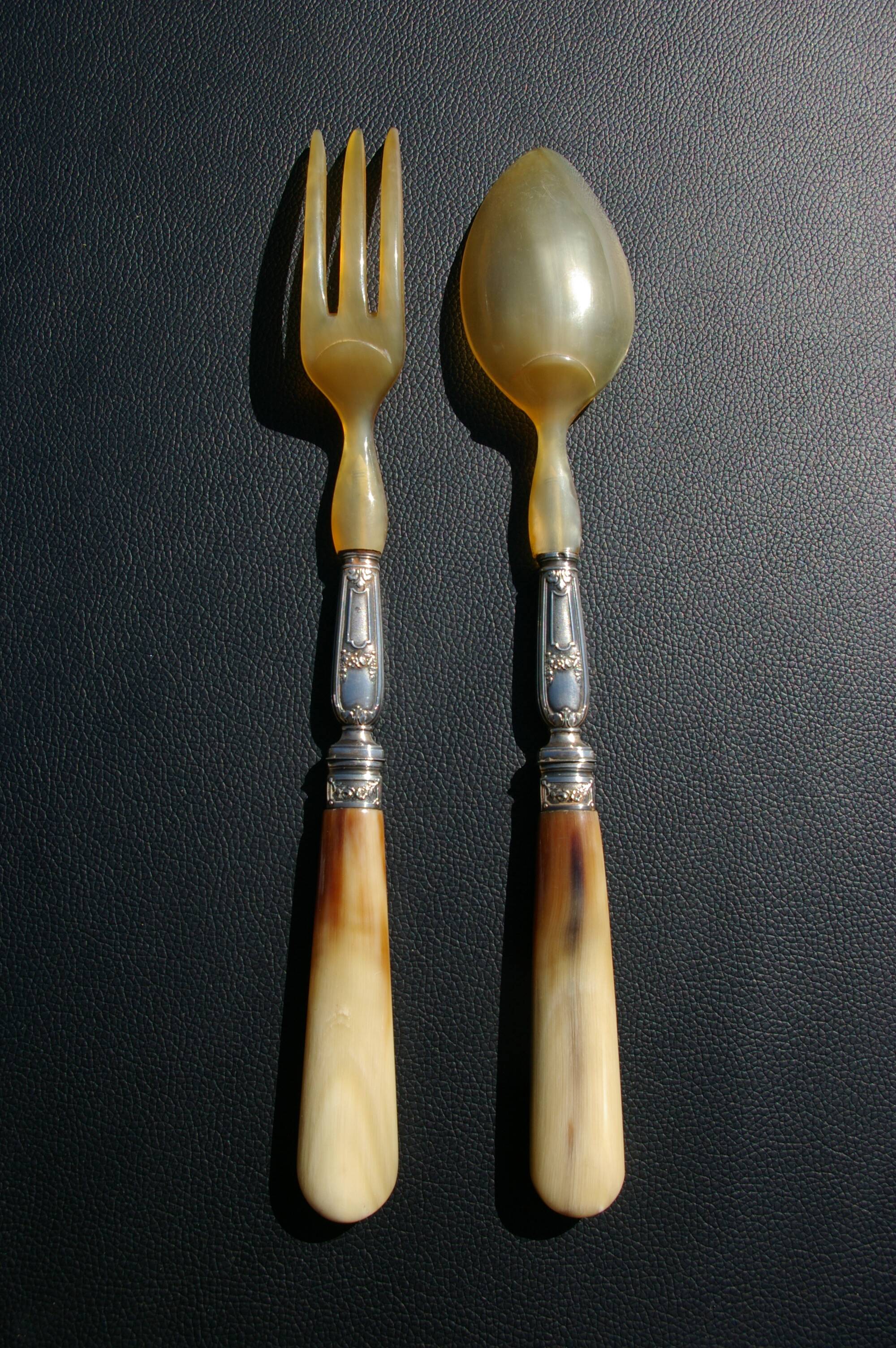 Carving Set + Salad Server Horn and Stainless Steel