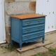 Commode ancienne rénovée bleu – plateau bois – 3 tiroirs