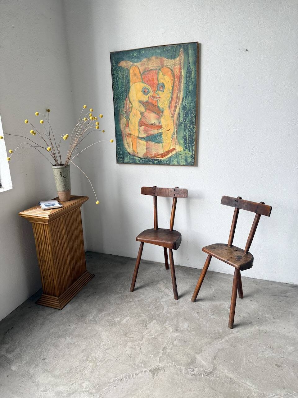 Pair of Savoyard tripod chairs, folk art, oak.