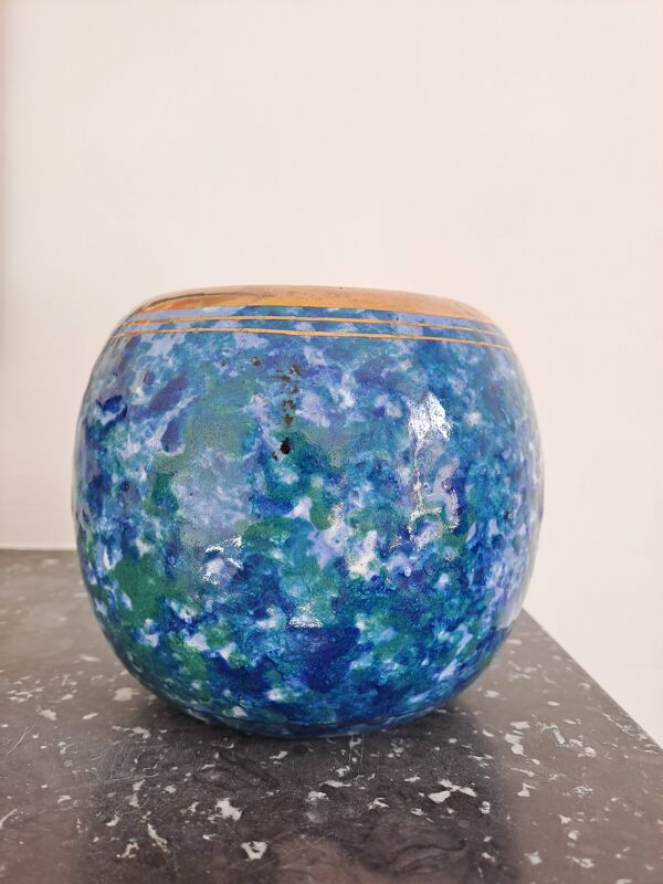 Vase signé Louis Dage années 20 ou années 30 effet marbré bleu vert et dorure