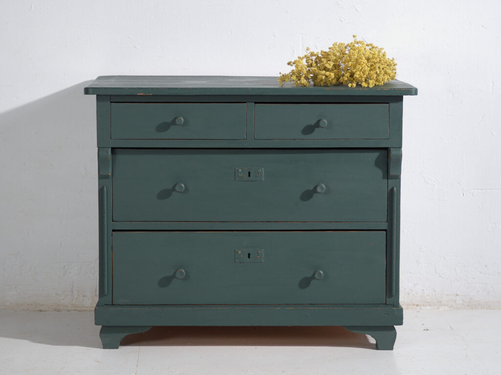 Antique painted pine chest of drawers – European rustic green chest of drawers – circa 1900