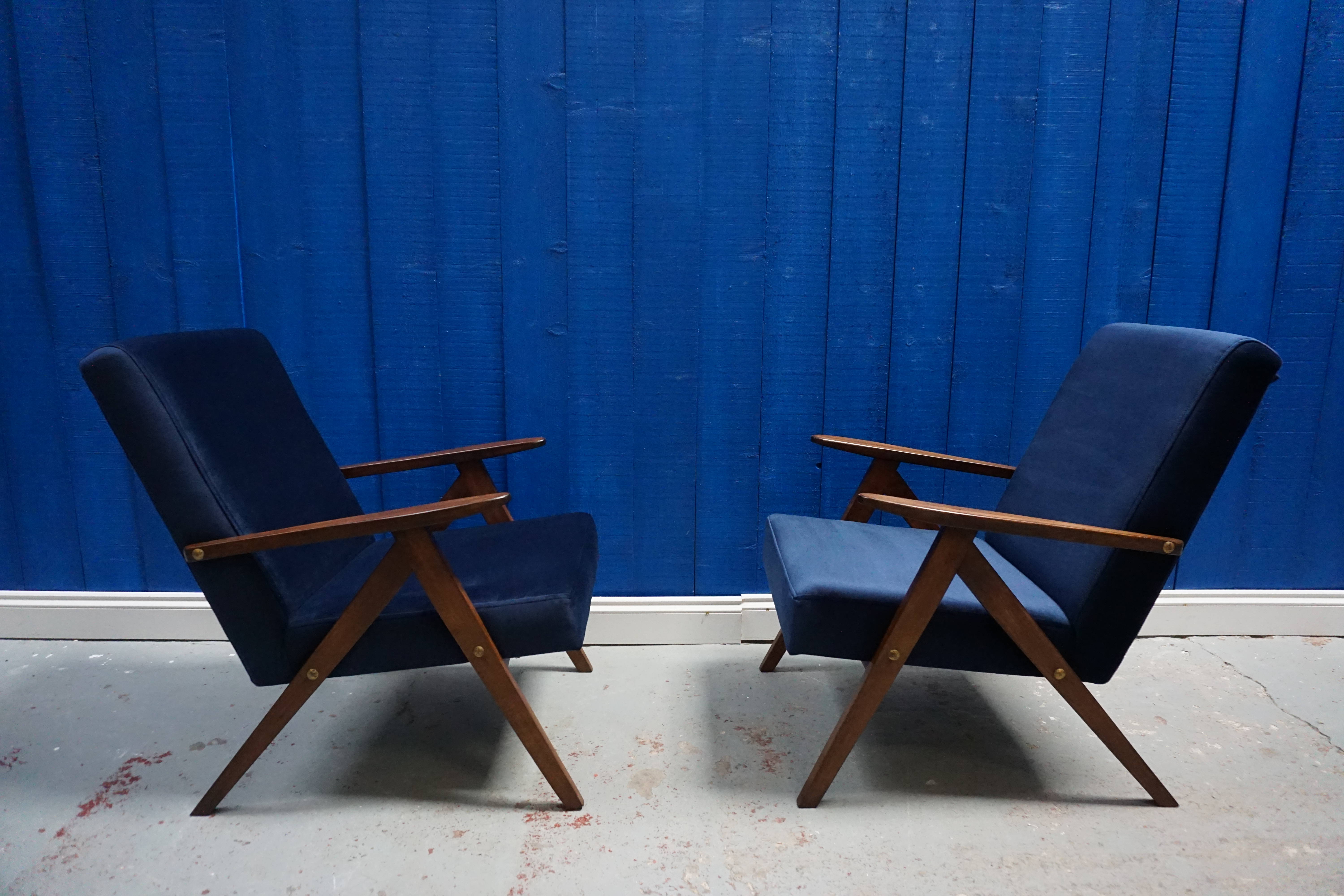 Mid century modern easy chairs from 1960's in navy blue velvet, set of 2