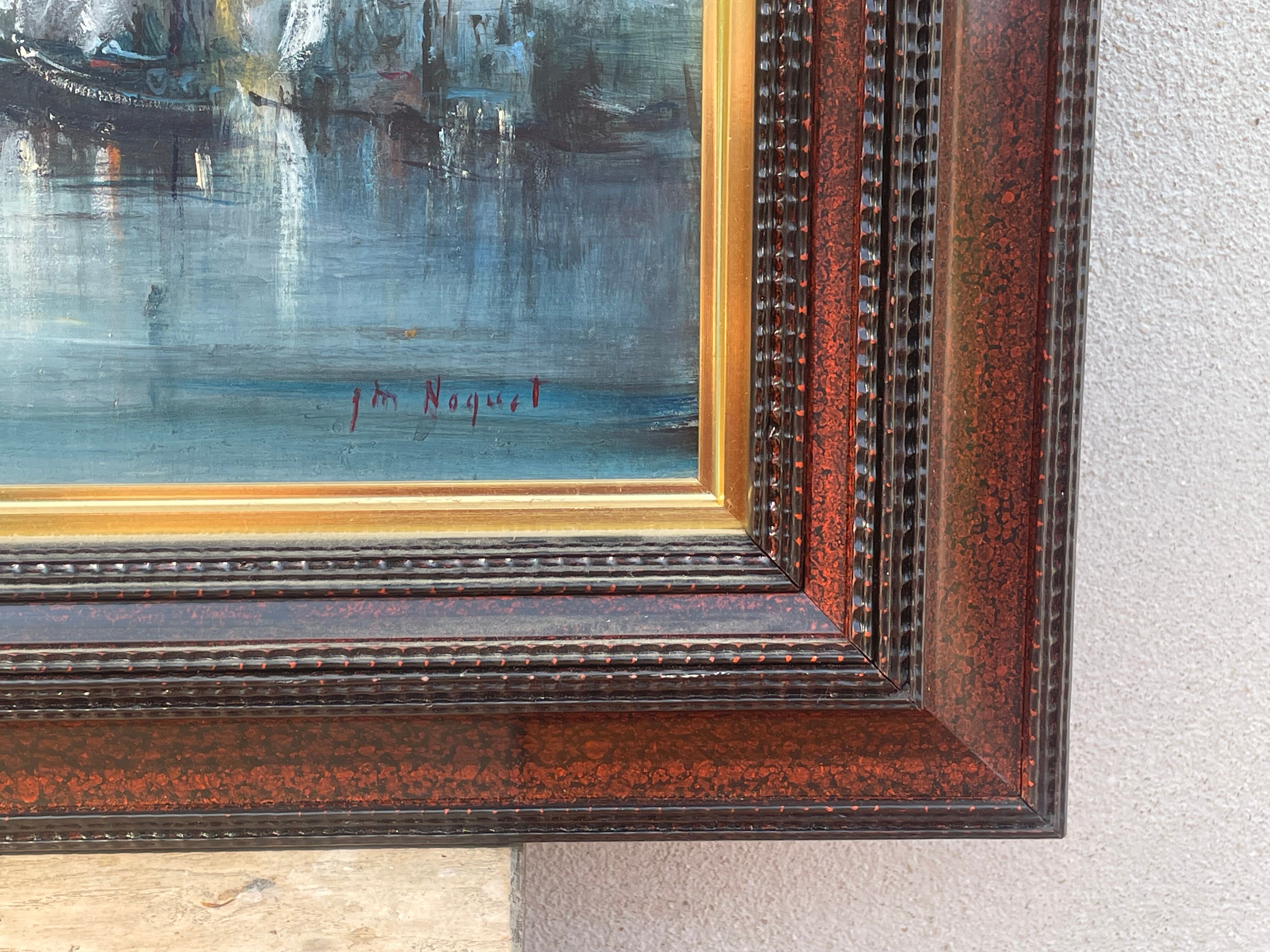 Oil on animated marine panel, moored boats signed Noquet