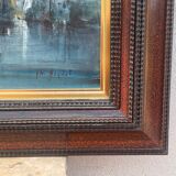 Oil on animated marine panel, moored boats signed Noquet