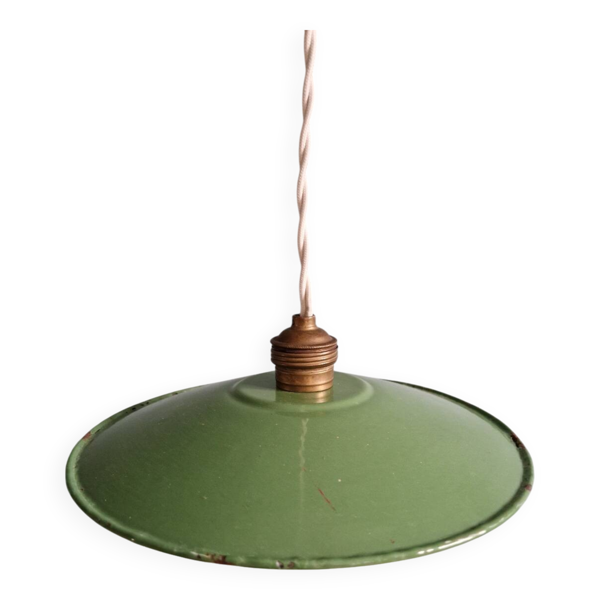 Industrial pendant light in green enamelled sheet metal, 1930s-40s
