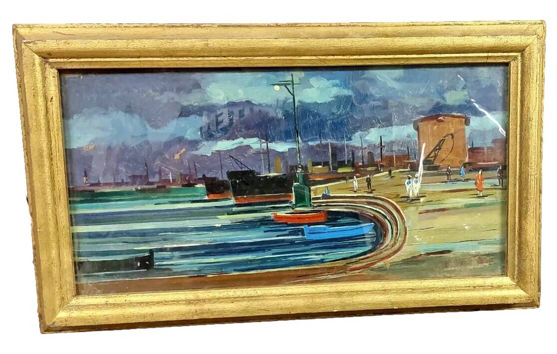 Oil painting Livorno 1975 port boats magnificent
