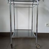Vintage service with wheels in chrome tubes and 2 trays in gray smoked glass