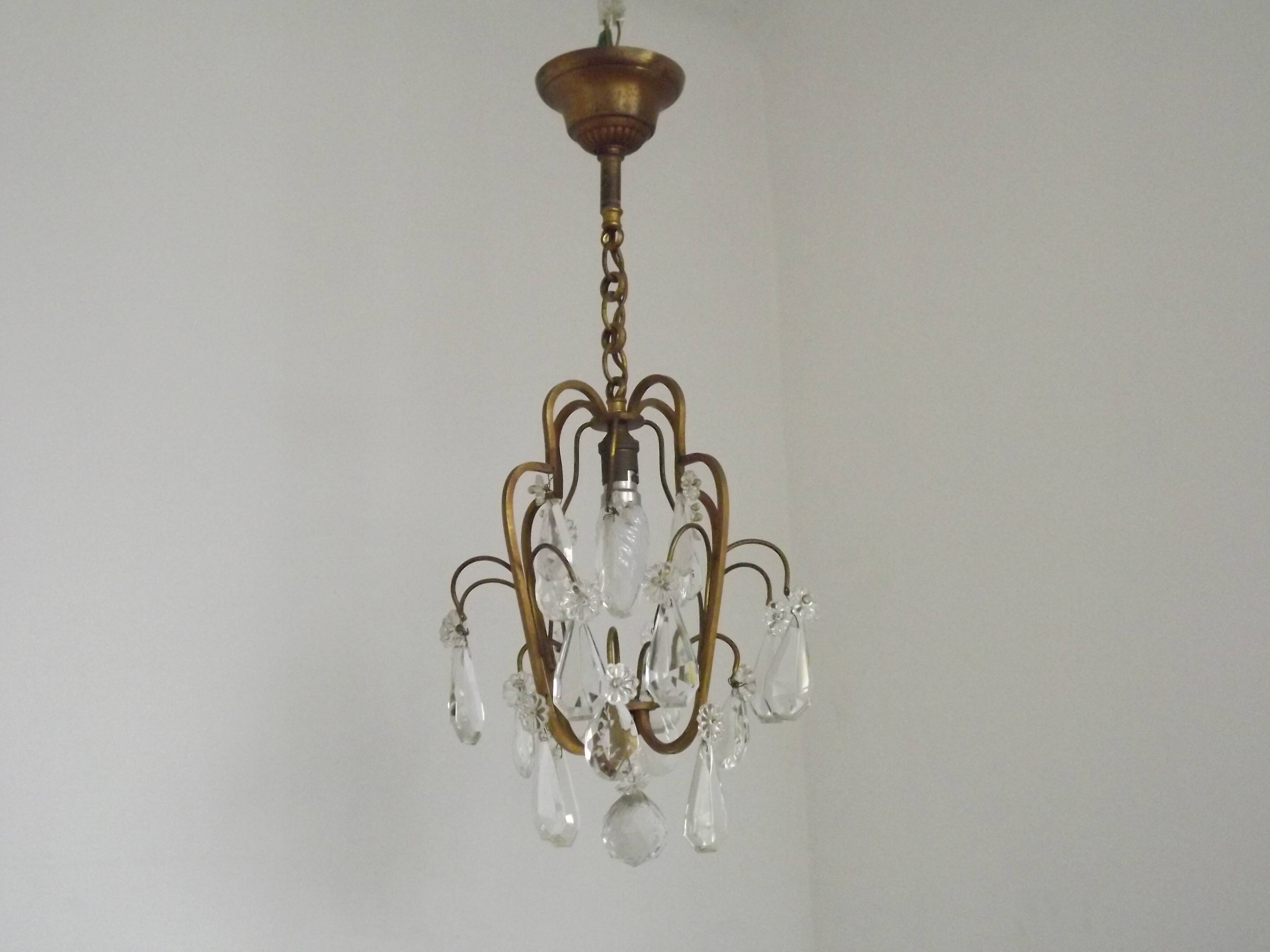 Small French Vintage Brass Single Light 4-Sided Crystal Cage Chandelier