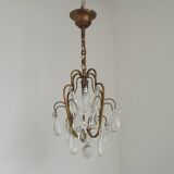 Small French Vintage Brass Single Light 4-Sided Crystal Cage Chandelier