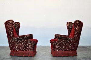 Mid-Century armchairs in damask red velvet, Italy, 50s, set of 2