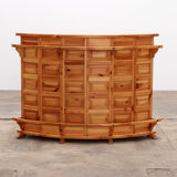 Brutalist mid-century wooden bar with 3 bar chairs, 1970s