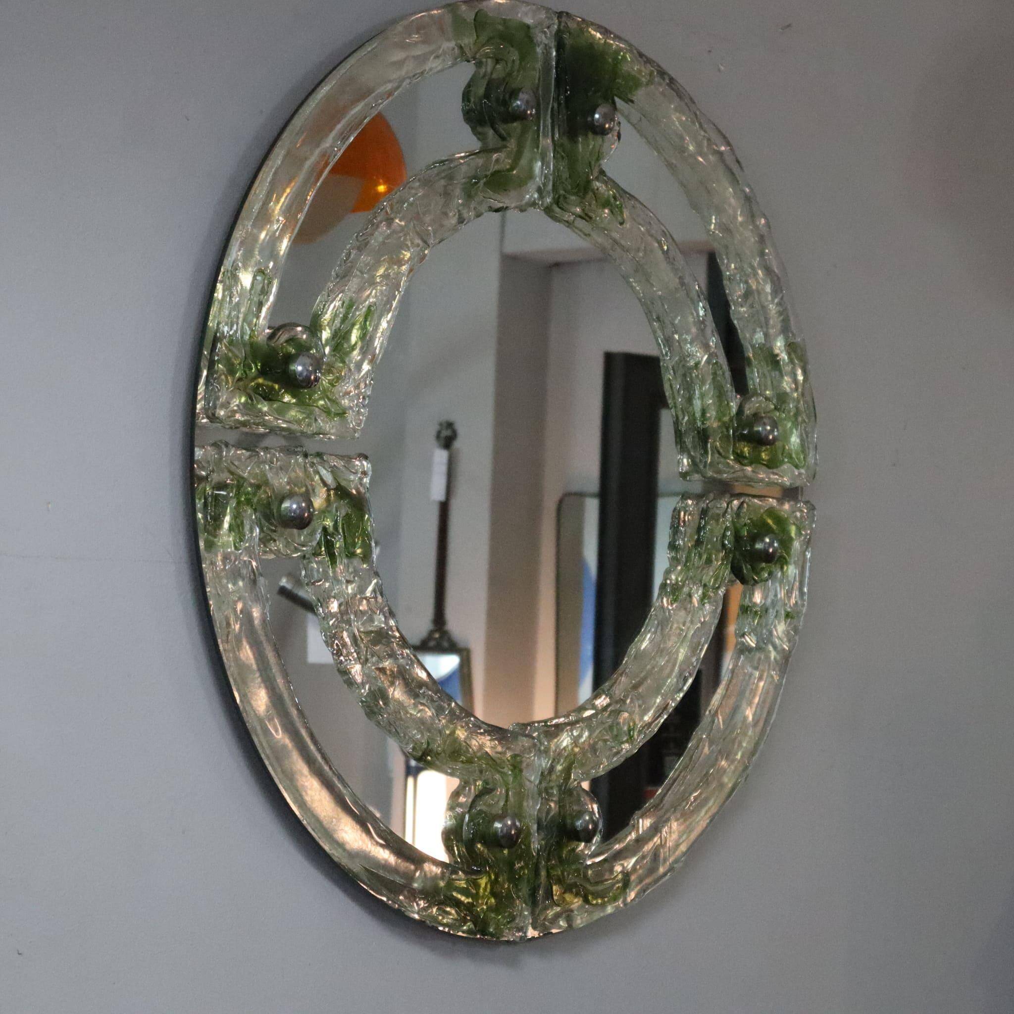 Mid-century round green Murano glass Italian mirror by Mazzega, 1960s