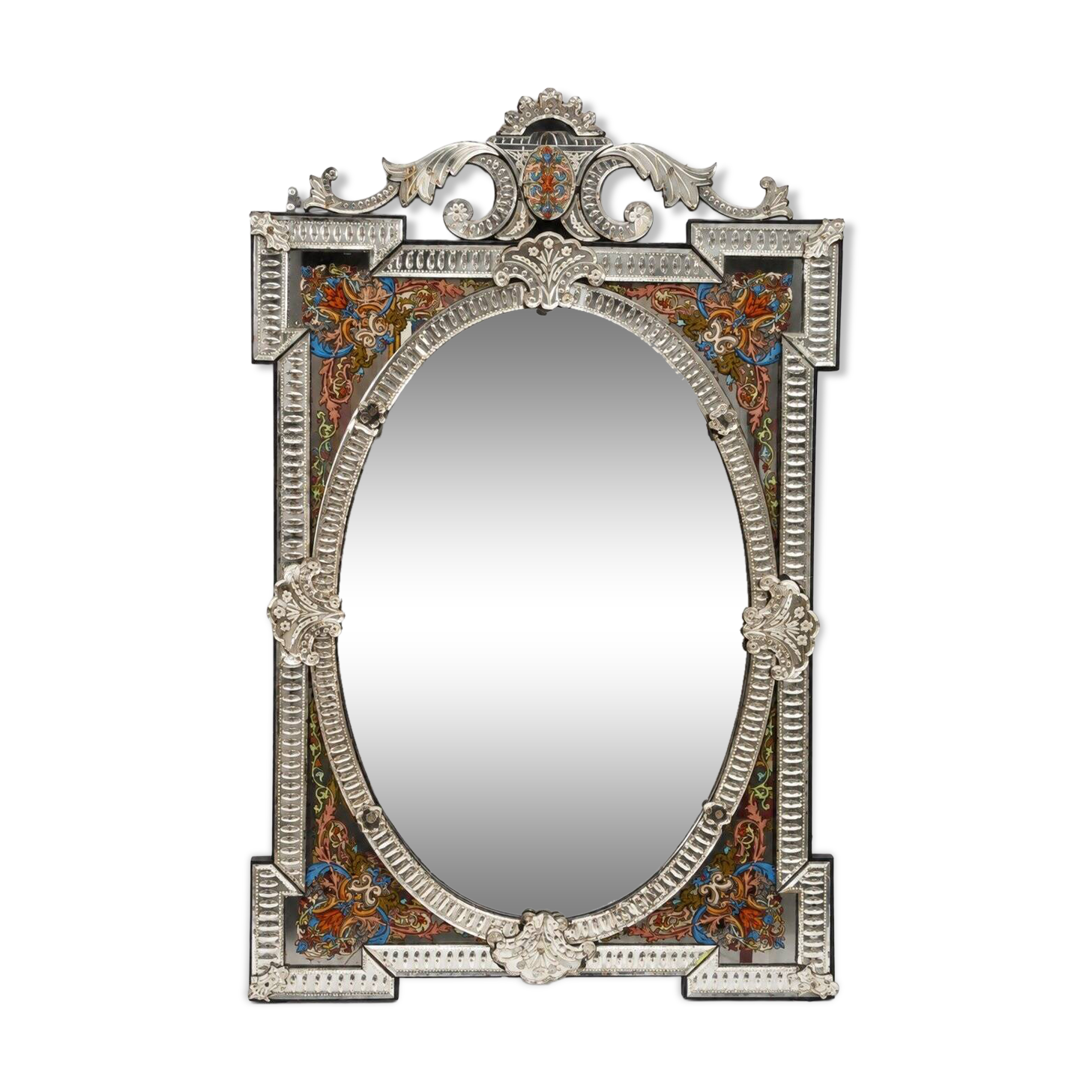 Miroir Vénitien à Pare-closes Style Renaissance – Verre Biseauté Émaillé – XIXe