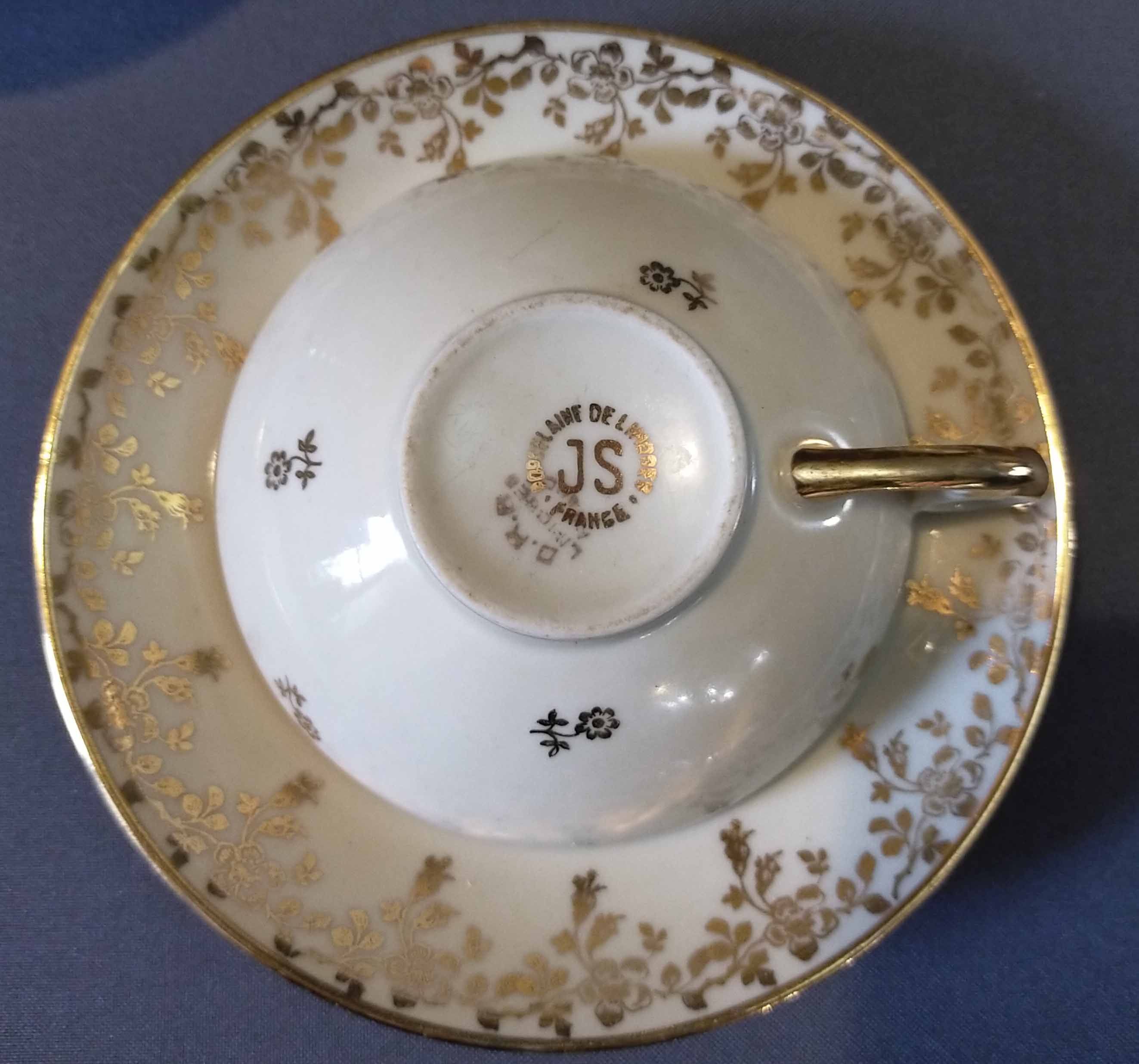 10 cups and tea saucers Limoges porcelain DRB Manufacture decor signed JS
