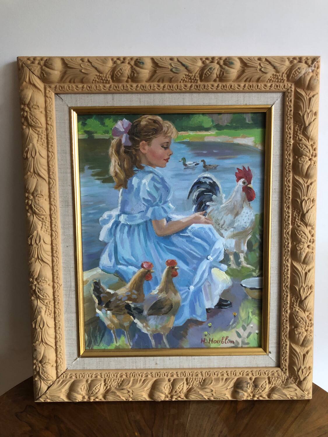 Oil on canvas young girl with chickens