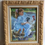 Oil on canvas young girl with chickens