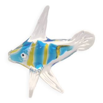Vintage Light Blue and Yellow Blown Murano Glass Fish Decorative Paperweight, Italy