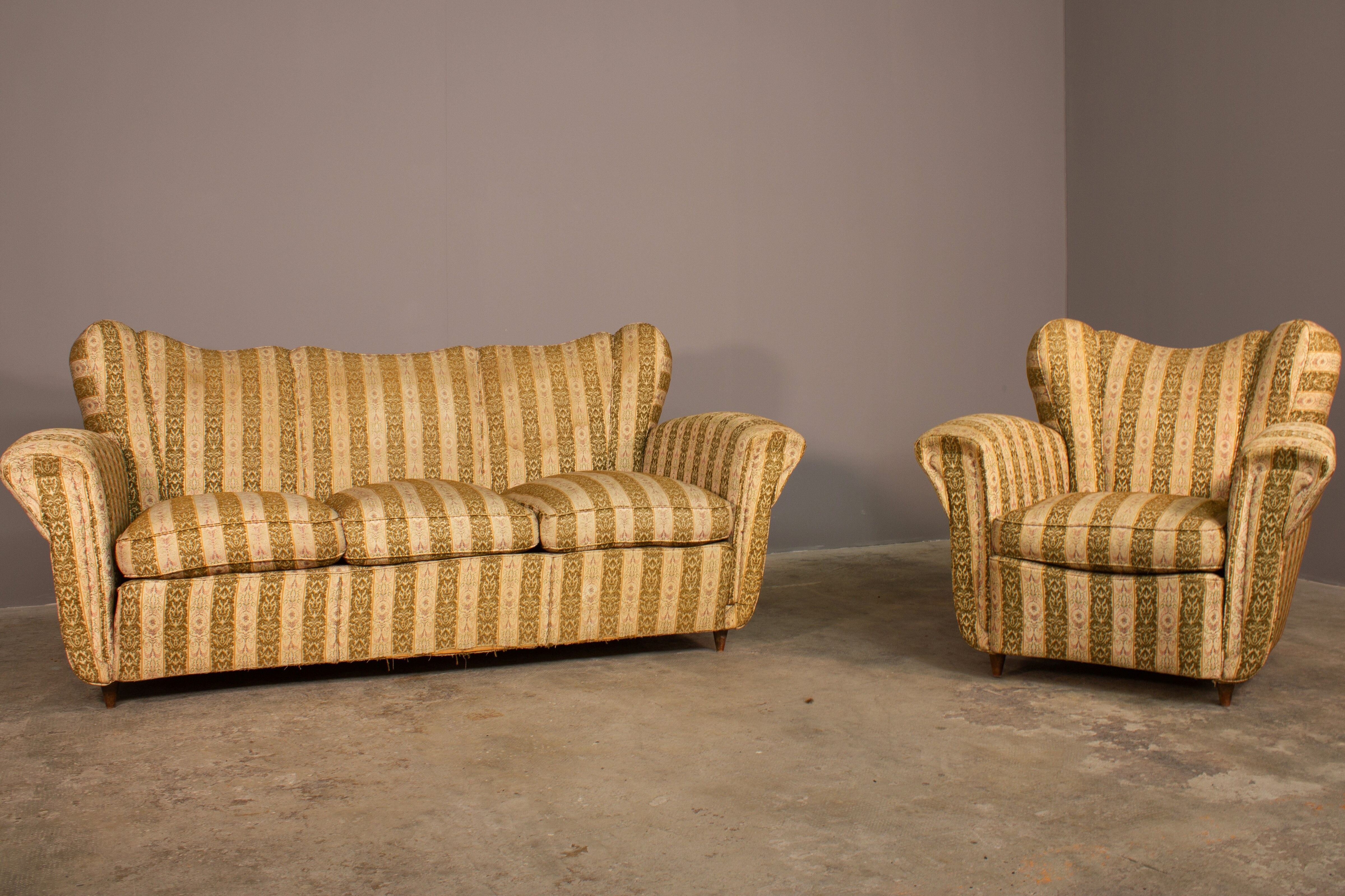 Three-seater sofa and armchair, 50s, set of 2