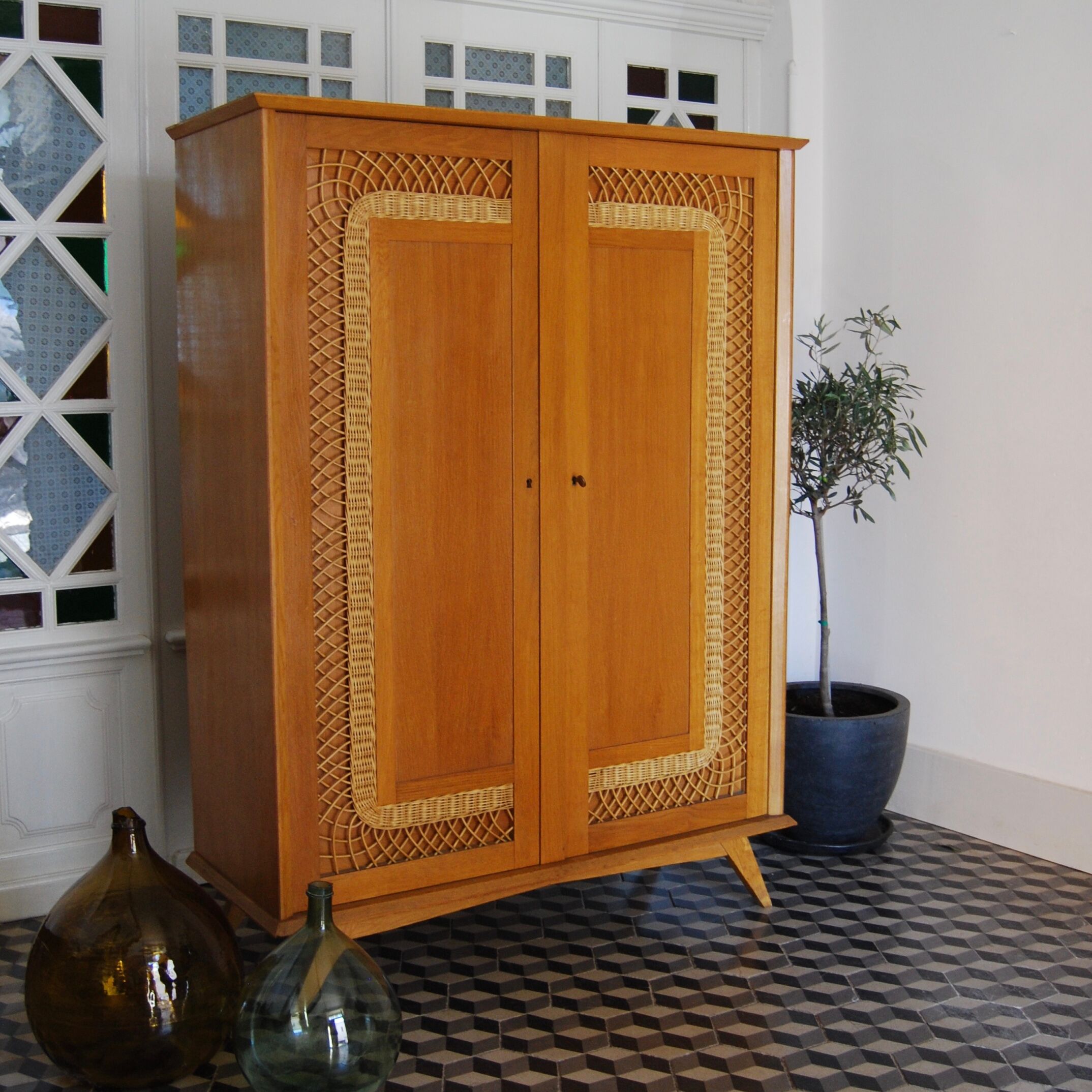 Cabinet vintage wood and rattan
