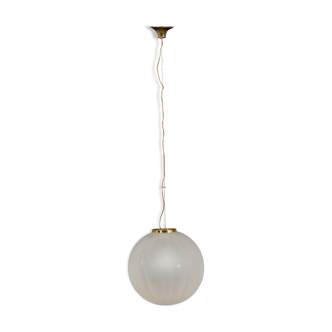 Extra Large Italian Murano Glass Hand Blown Frosted Drop Pendant with Brass Details, 1970s