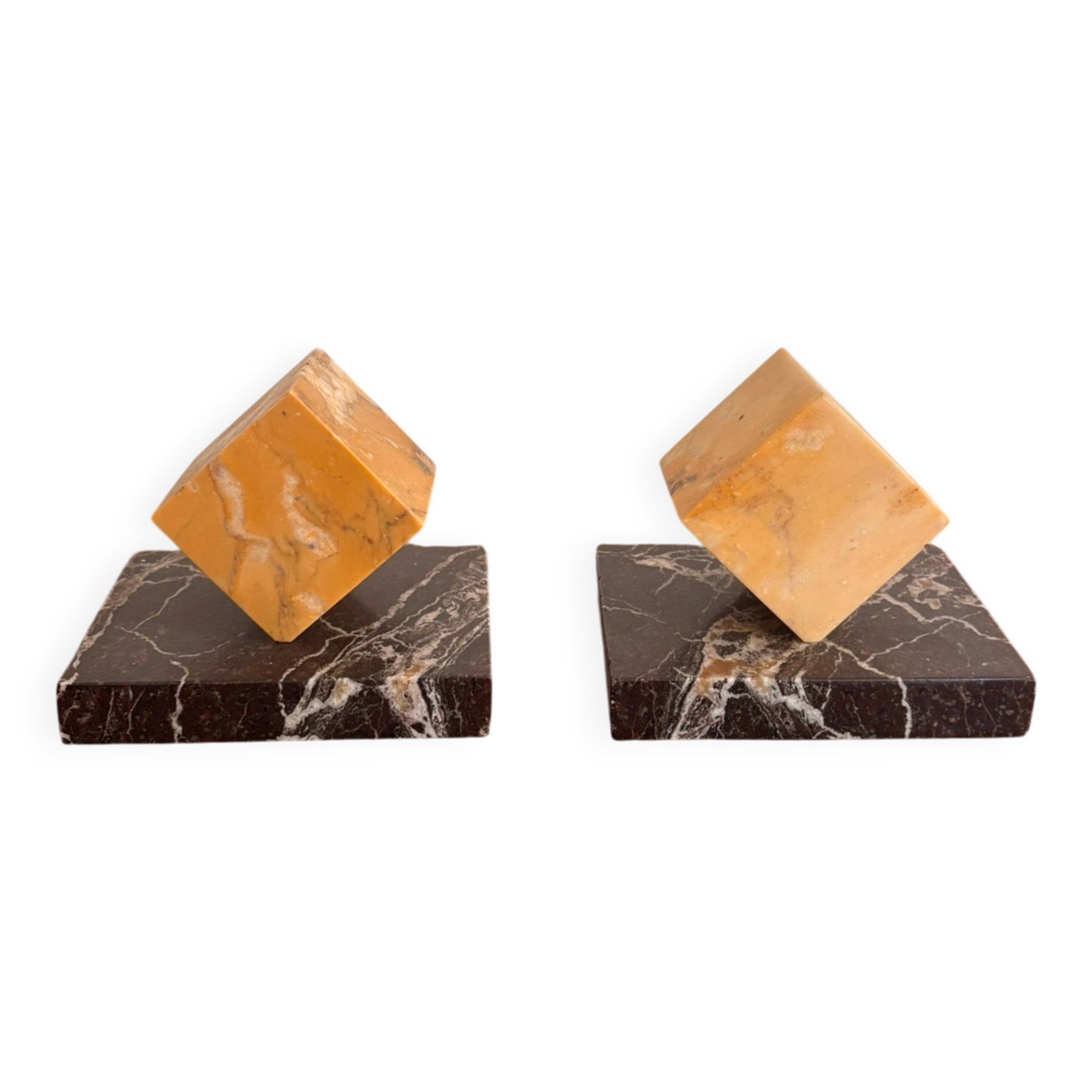 Vintage Pair of Cube Bookends in Yellow Siena Marble Art Deco Circa 1930