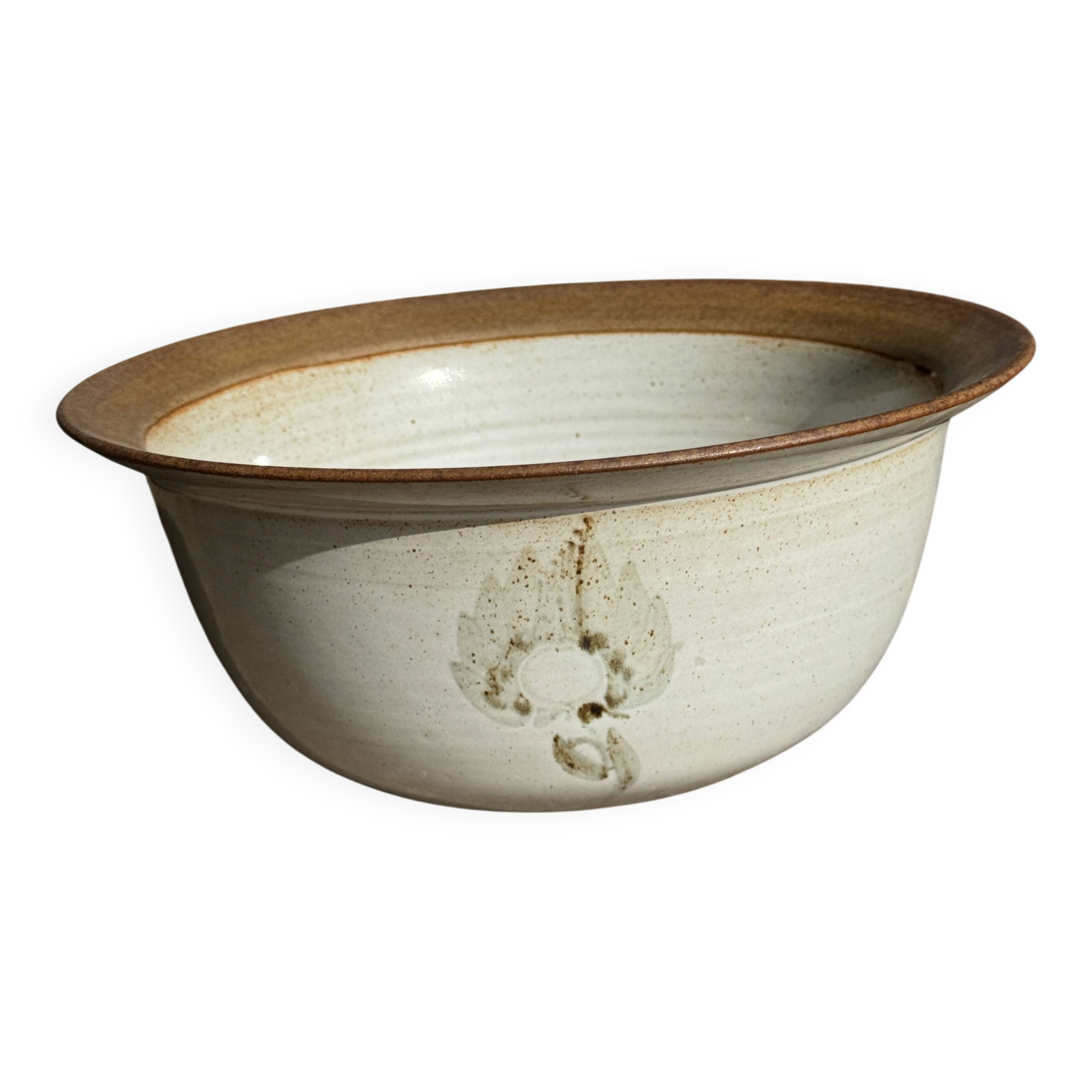 Small thick stoneware bowl with a stylised flower pattern in white on the outside, b
