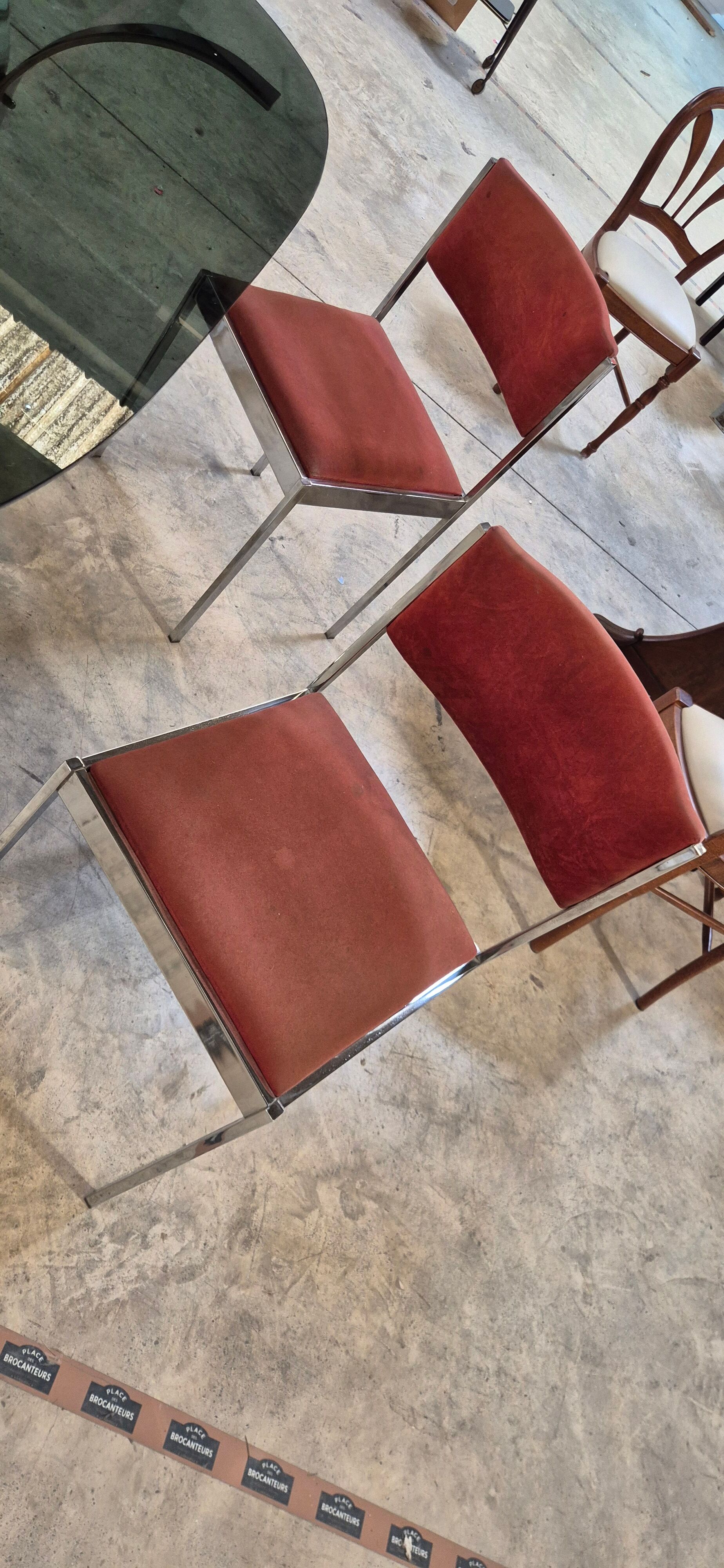 Dining room table + 4 stainless steel and smoked glass chairs 1970