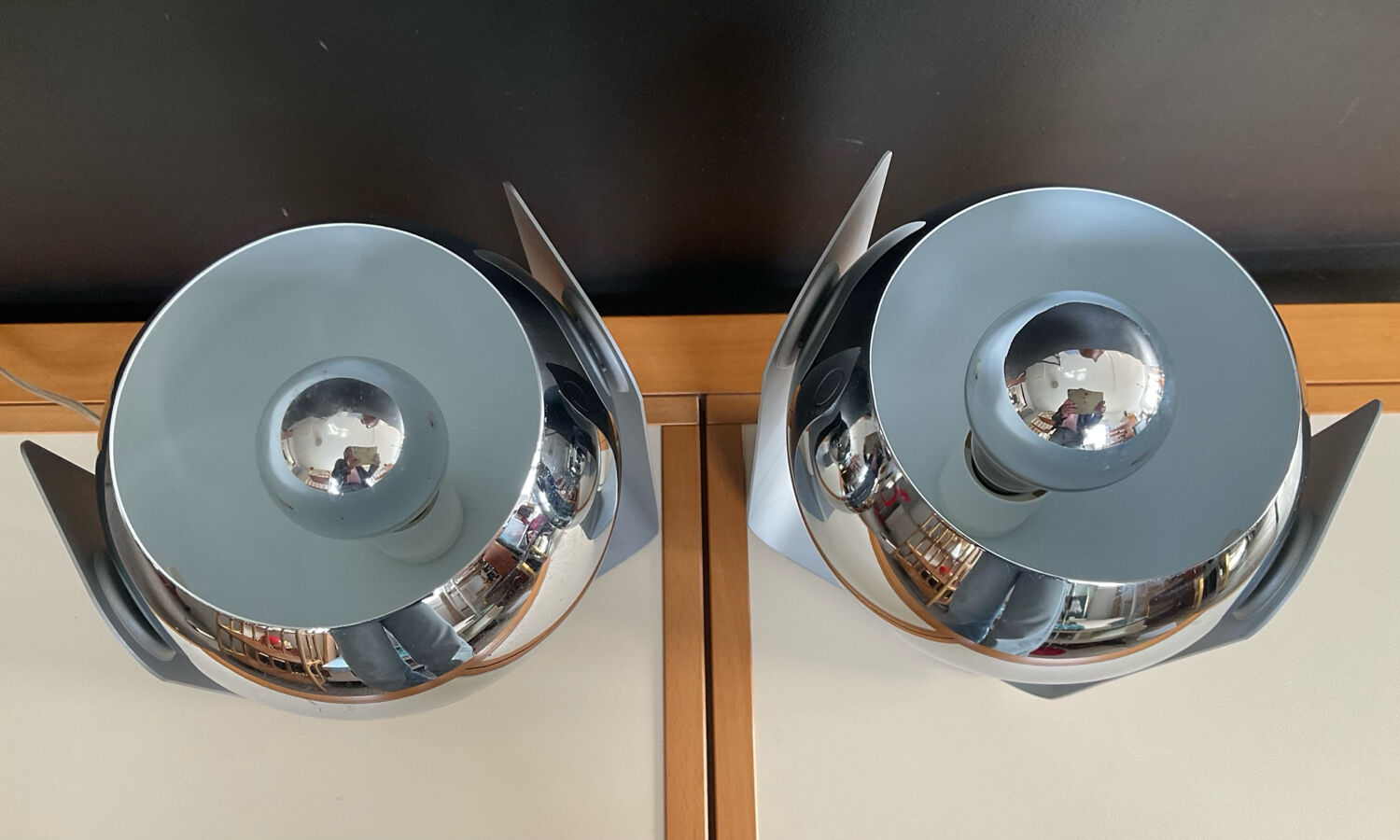 Pair of Eyeball lamps in chrome metal and aluminium