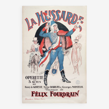 Affiche antique originale XL 'La Hussarde' du théâtre parisien de l'opérette des années 1920