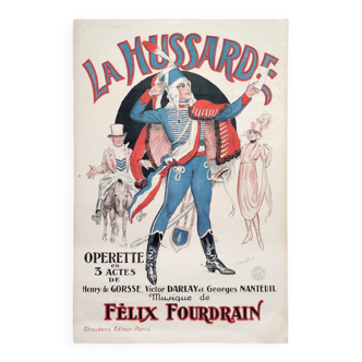 Affiche antique originale XL 'La Hussarde' du théâtre parisien de l'opérette des années 1920