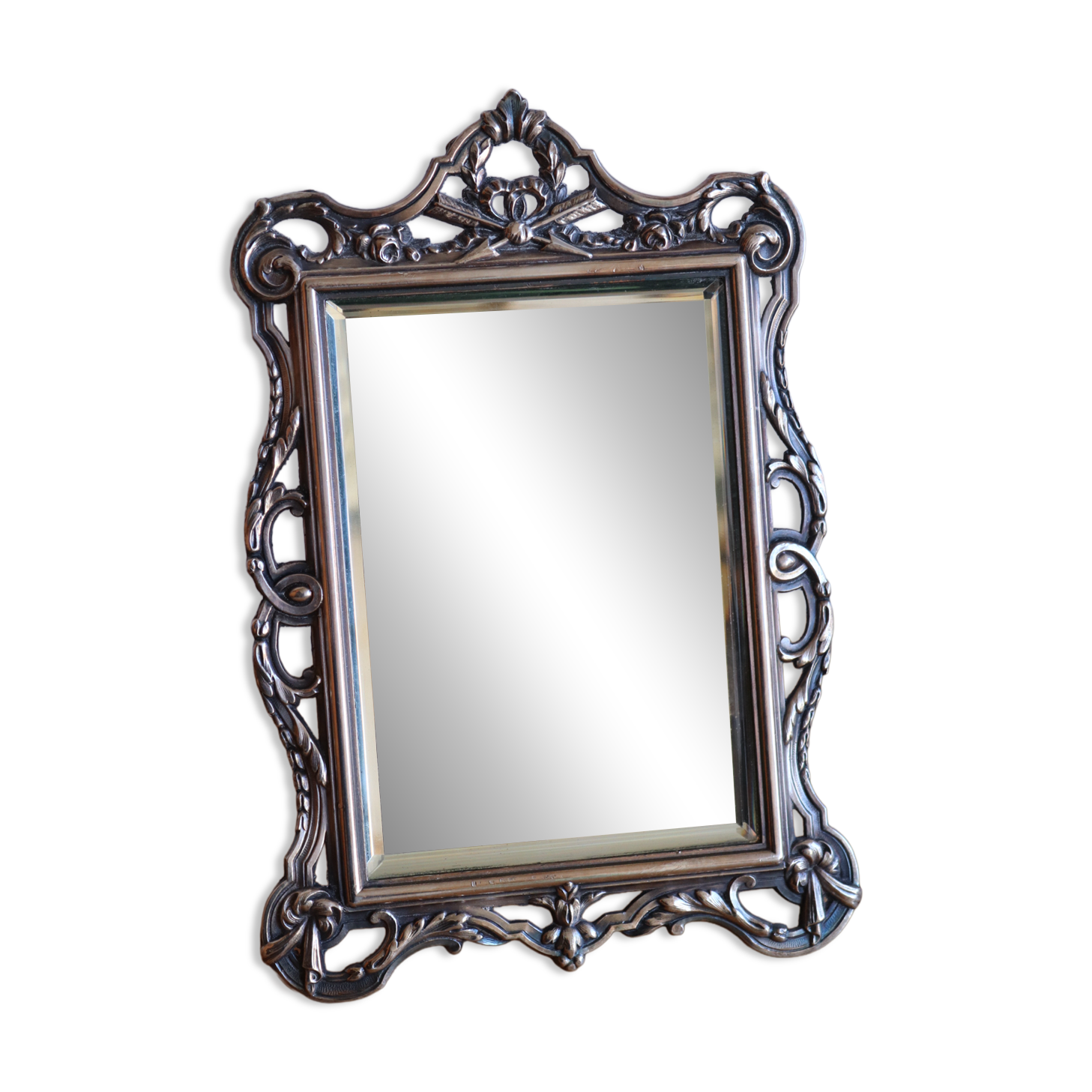 Small antique table mirror in Louis XVI style, silver-plated metal.