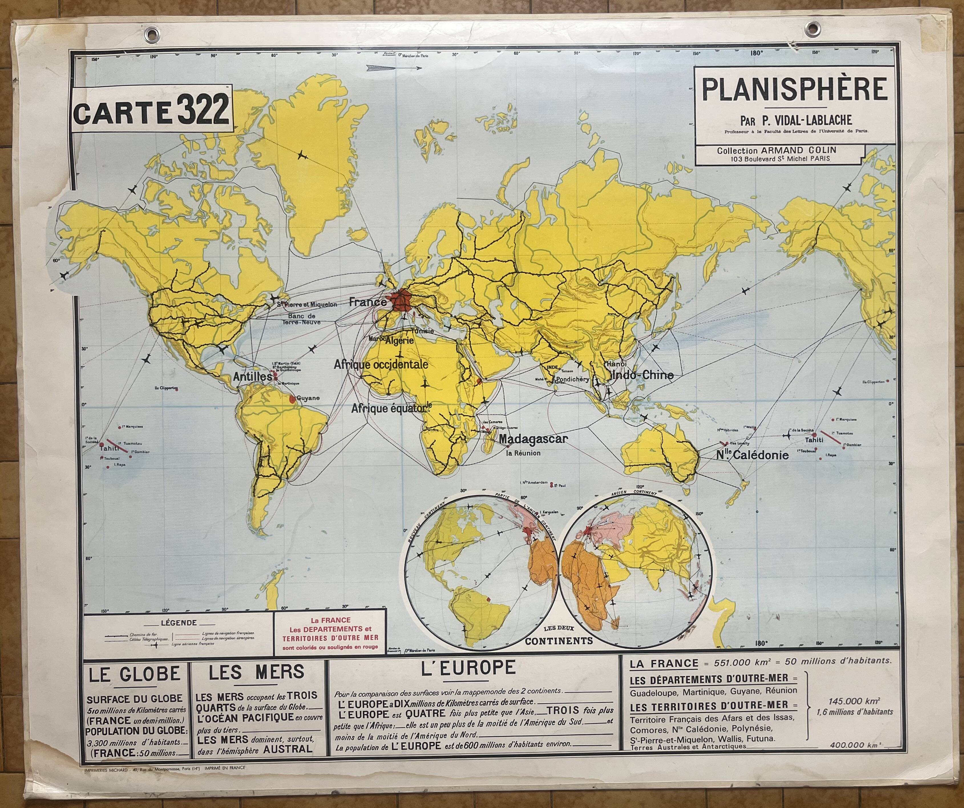 Old school map Vidal-Lablache 322, 1960 - World map, Out