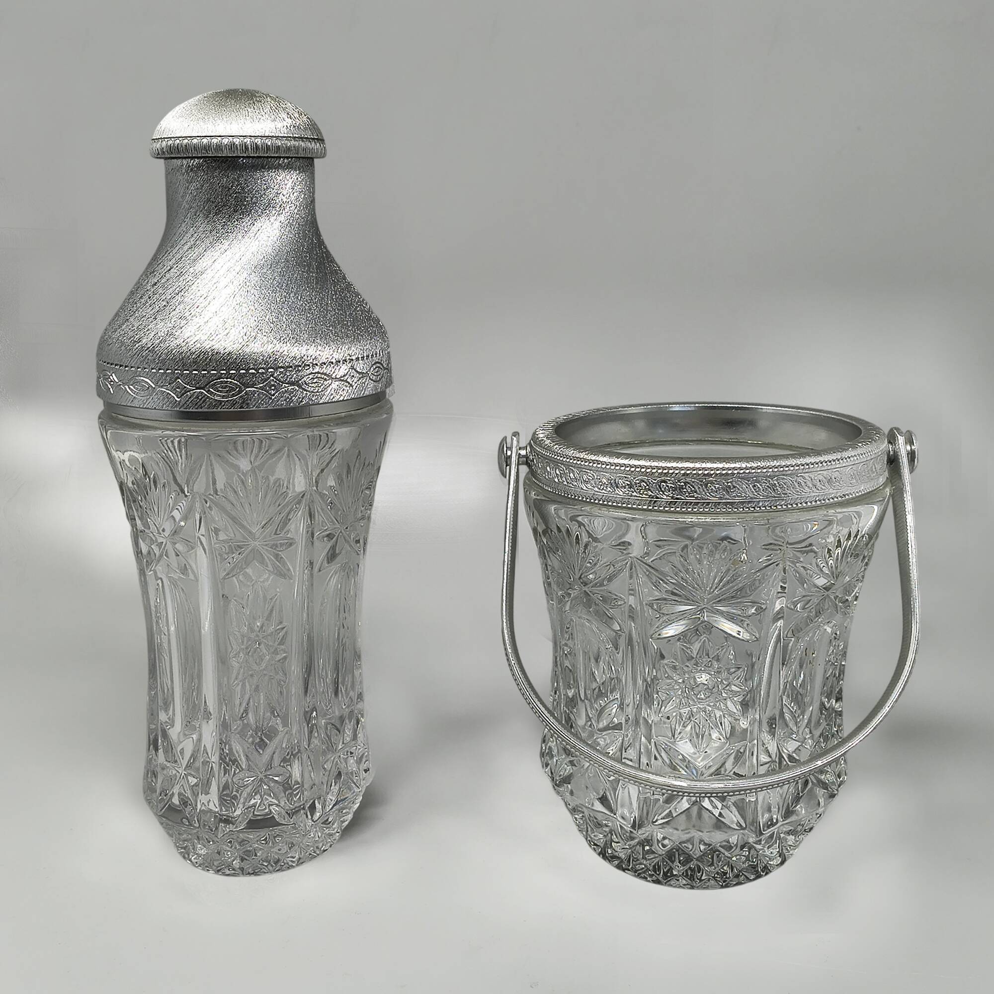 1960s Italian Mid-Century Cut Crystal & Brushed Metal Cocktail Set by Arir