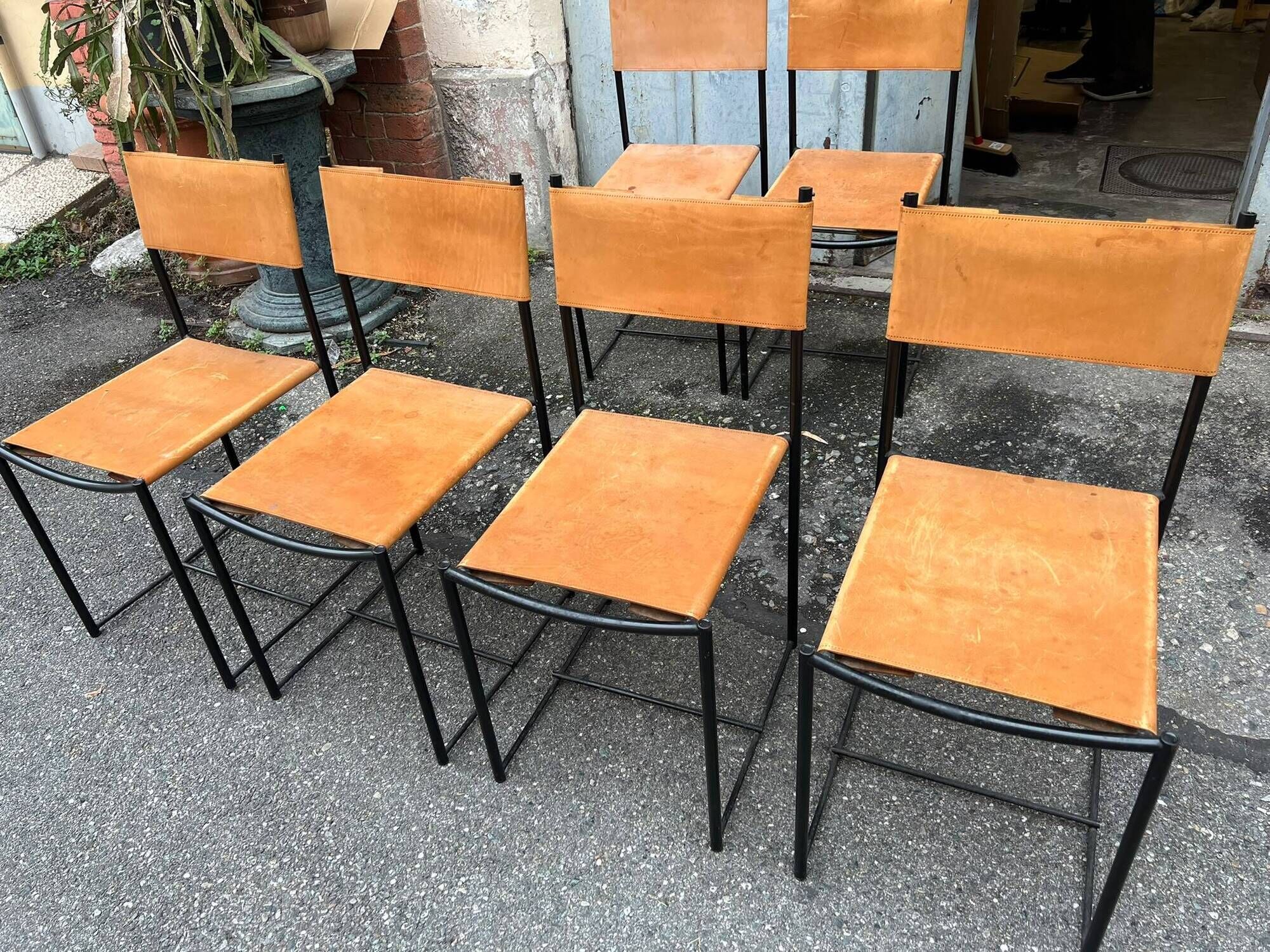 6 black metal and leather chairs by Giandomenico Belotti for Alias, Italy, 1979