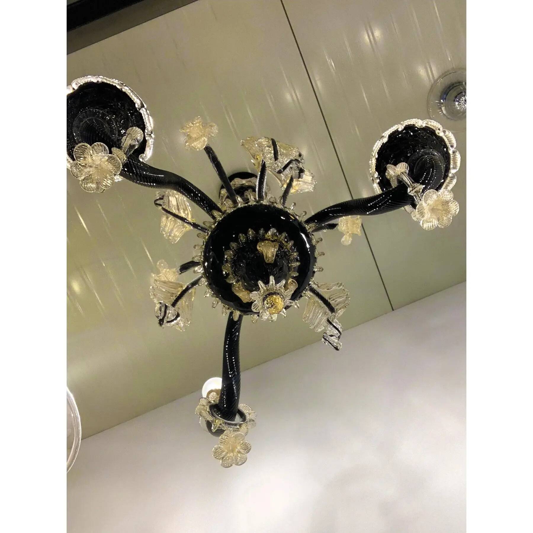 Black and Gold Murano-Style Venetian Glass Chandelier with Floral and Leaf Design