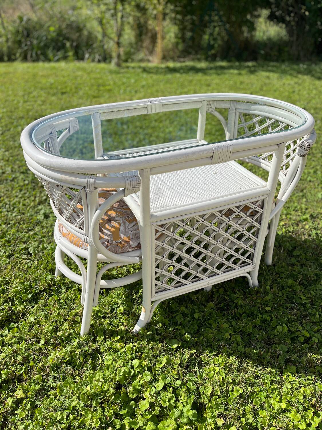 Vintage White Rattan/Bamboo Garden Furniture Set with 2 Chairs and a Stool