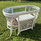 Vintage White Rattan/Bamboo Garden Furniture Set with 2 Chairs and a Stool