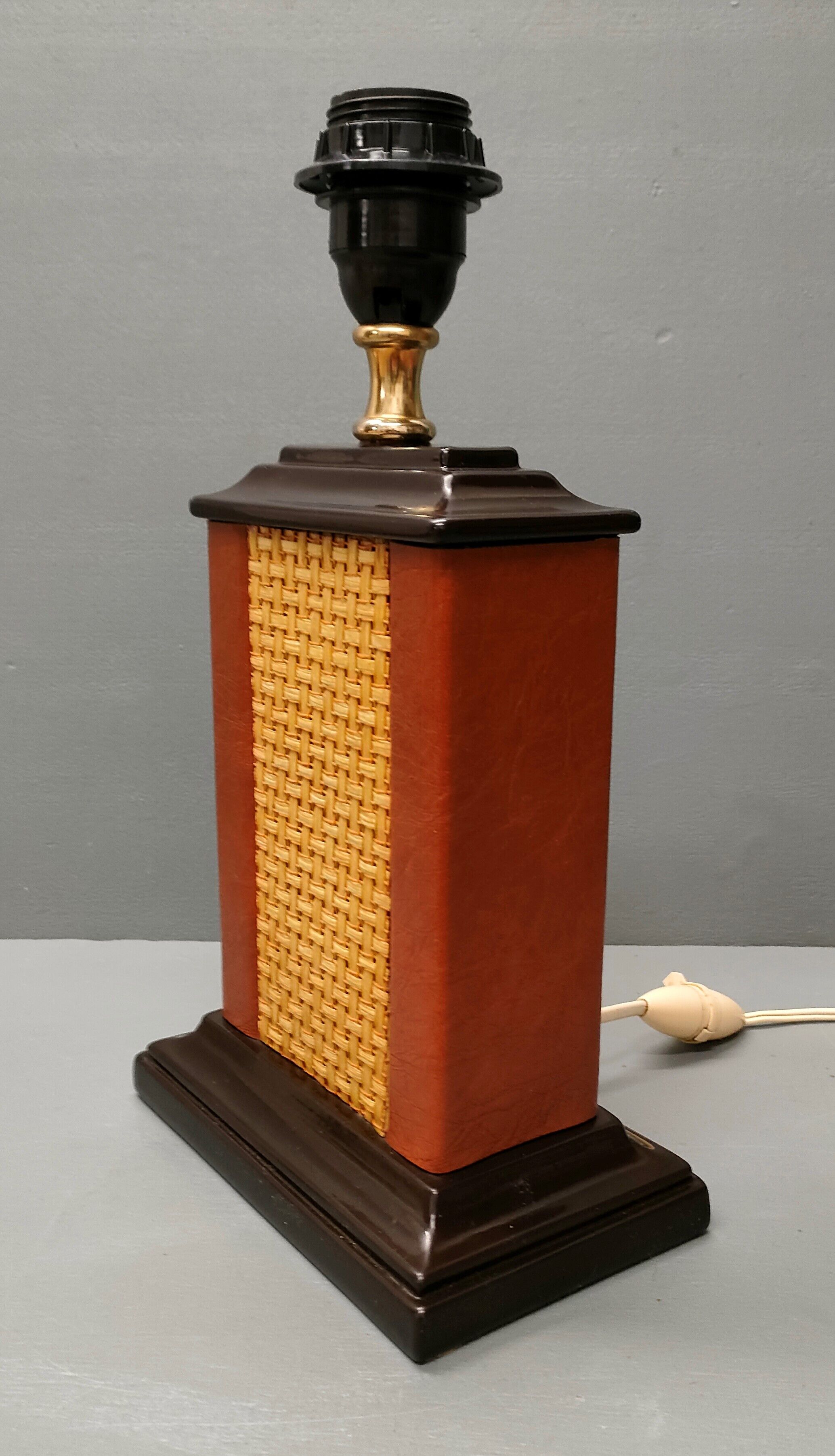 Lamp Le Dauphin black ceramic glazed, wicker canelé, imitation leather havana ~ 70's