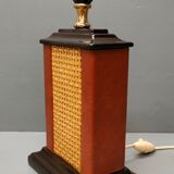 Lamp Le Dauphin black ceramic glazed, wicker canelé, imitation leather havana ~ 70's