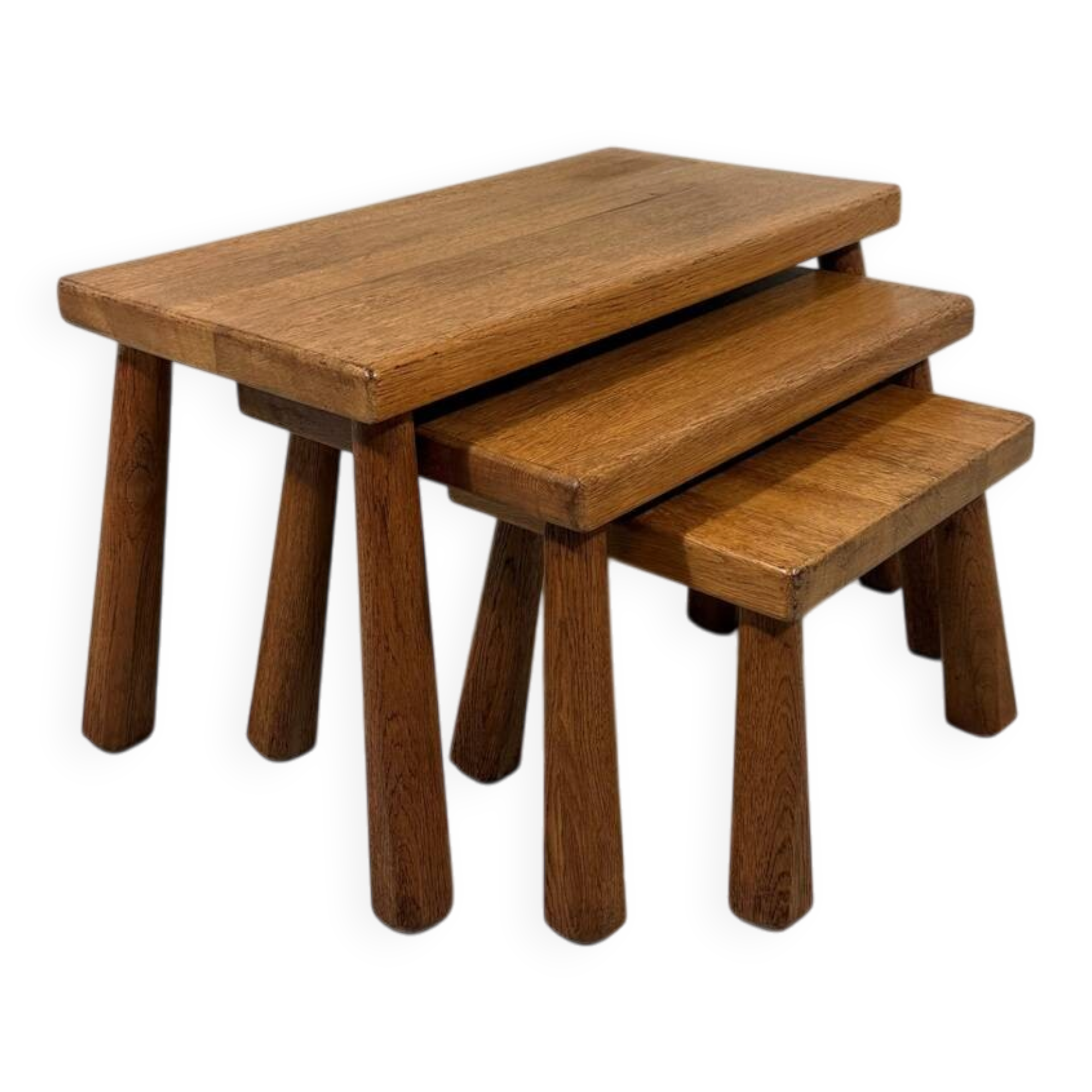 Brutalist rustic blond oak nesting tables