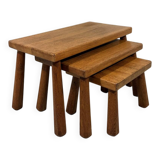 Brutalist rustic blond oak nesting tables