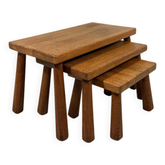 Brutalist rustic blond oak nesting tables