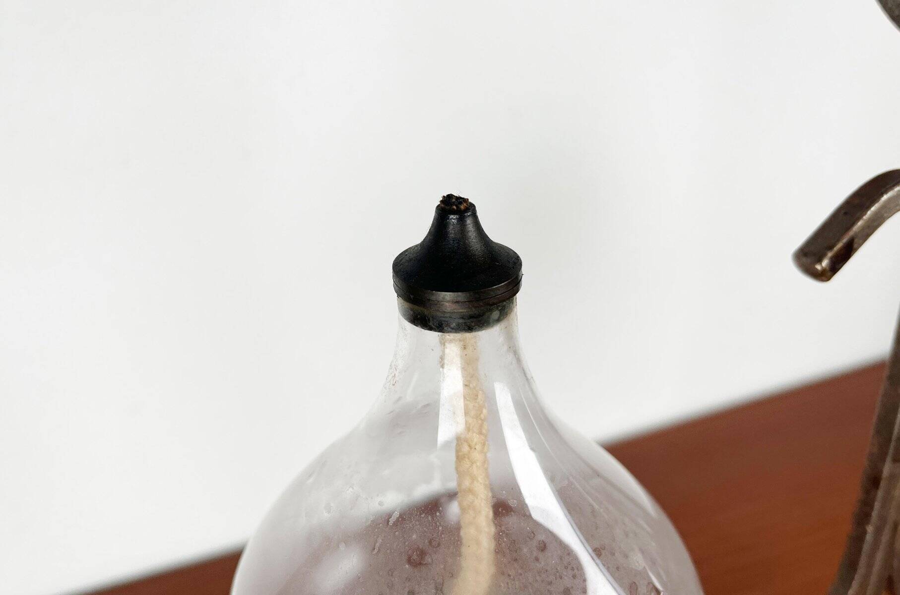 Mid-century Danish wrought iron and glass table oil lamp, 1960s.