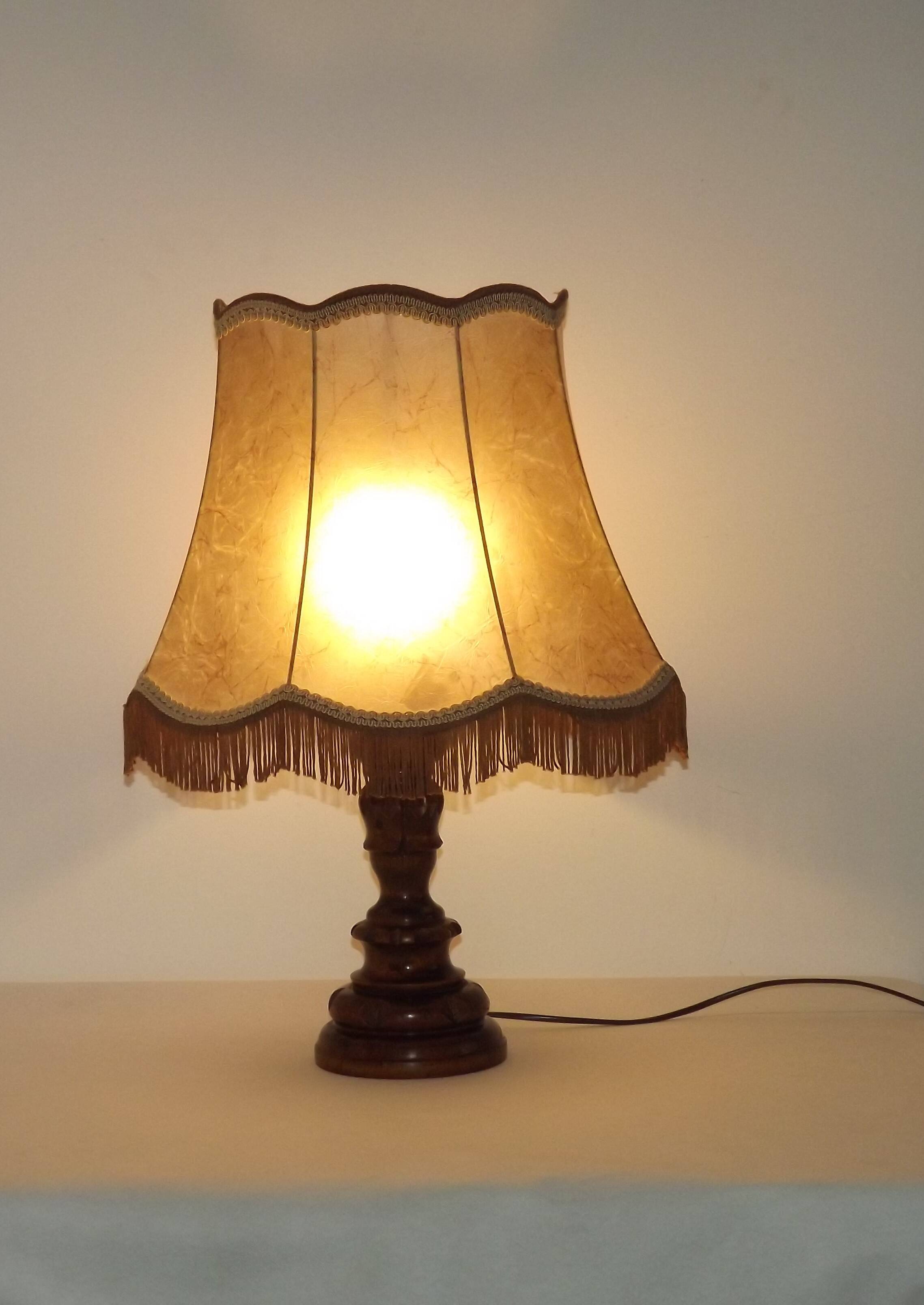 Vintage French Country Table Lamp Carved Turned Wood Base & Hide Skin Shade