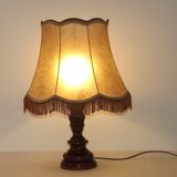 Vintage French Country Table Lamp Carved Turned Wood Base & Hide Skin Shade