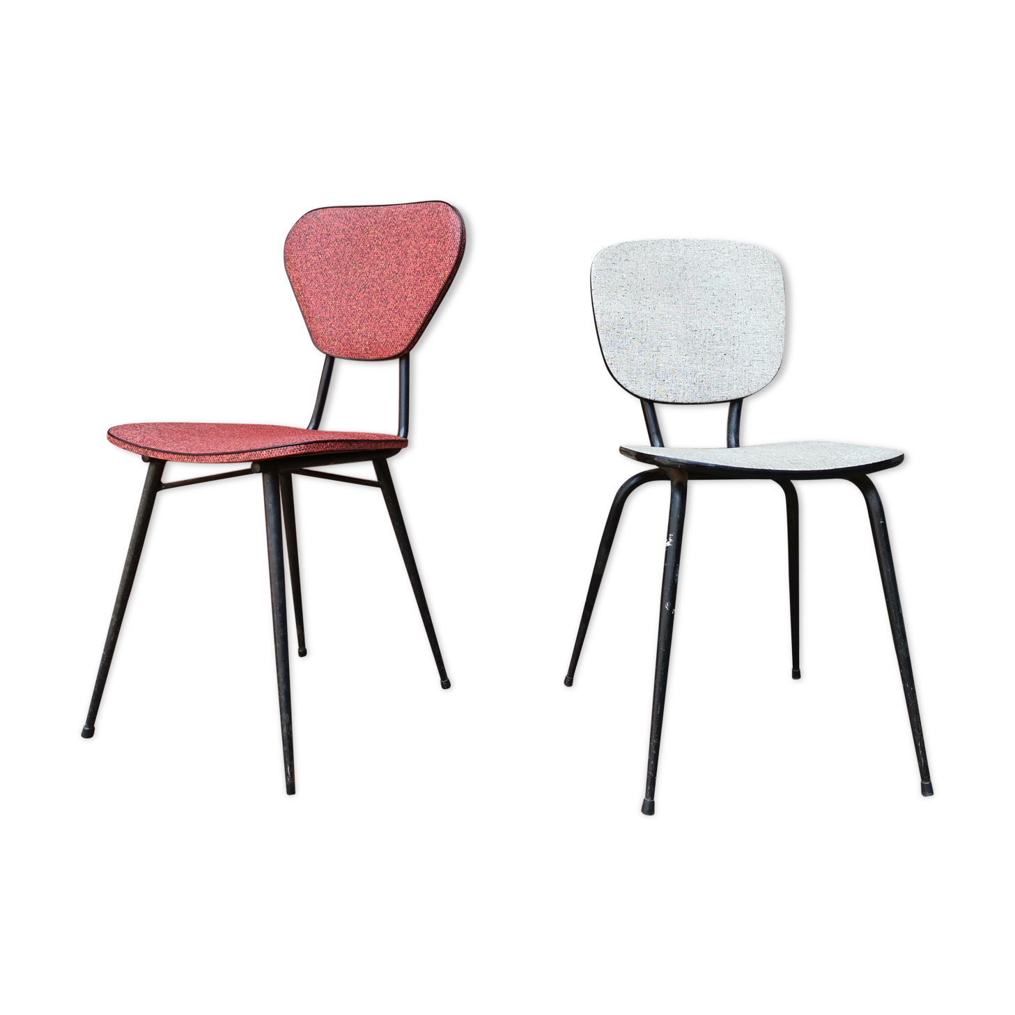 Pair of metal chairs vinyl red and white speckled black, Cimca brand
