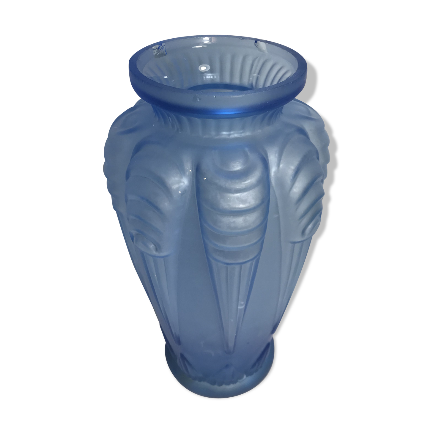 Ancien vase art deco verre moulé bleu années 30 france signé vintage