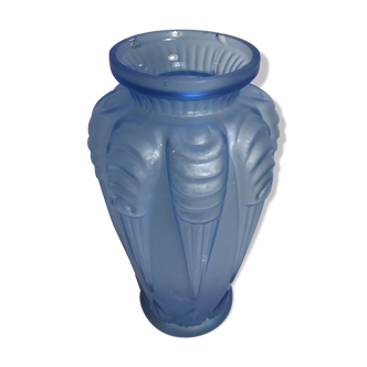 Ancien vase art deco verre moulé bleu années 30 france signé vintage